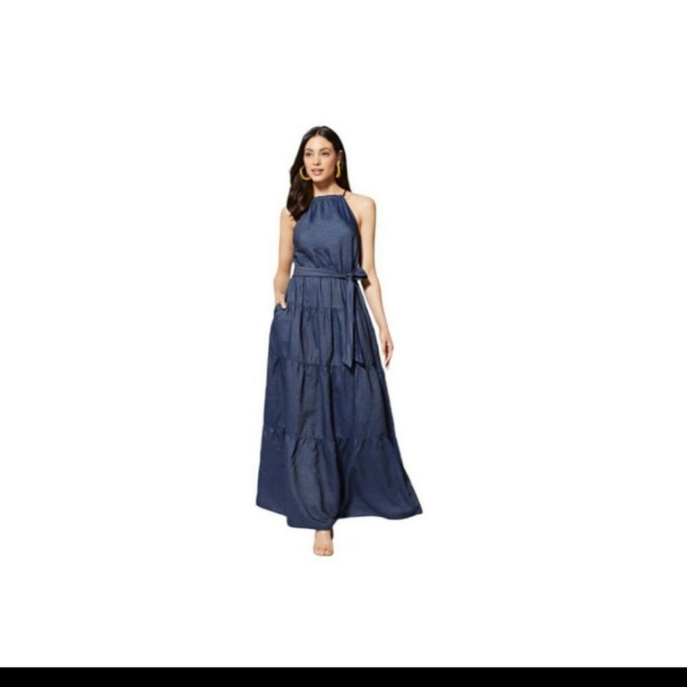 New York and Company Blue Ruffled Halter Maxy Dress Dark Wash